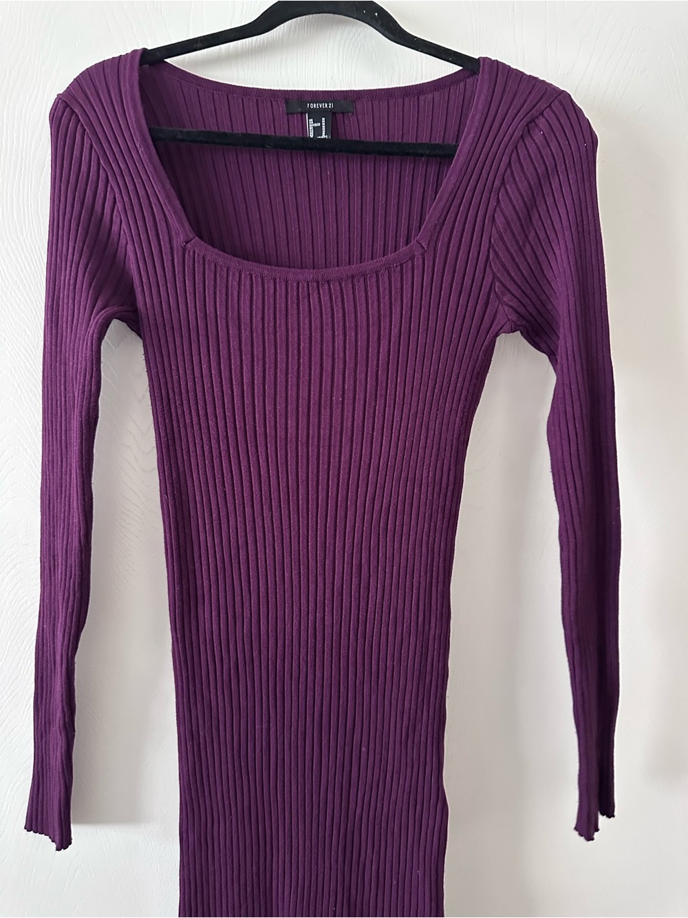 Forever 21 Ribbed Square-Neck Long Sleeve Dress with a side slit- Deep Purple